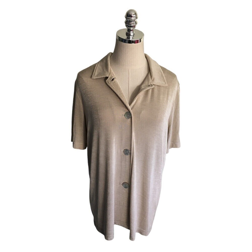 Slinky Brand Top Women's Size Medium Beige Short Sleeve Button Up Stretch